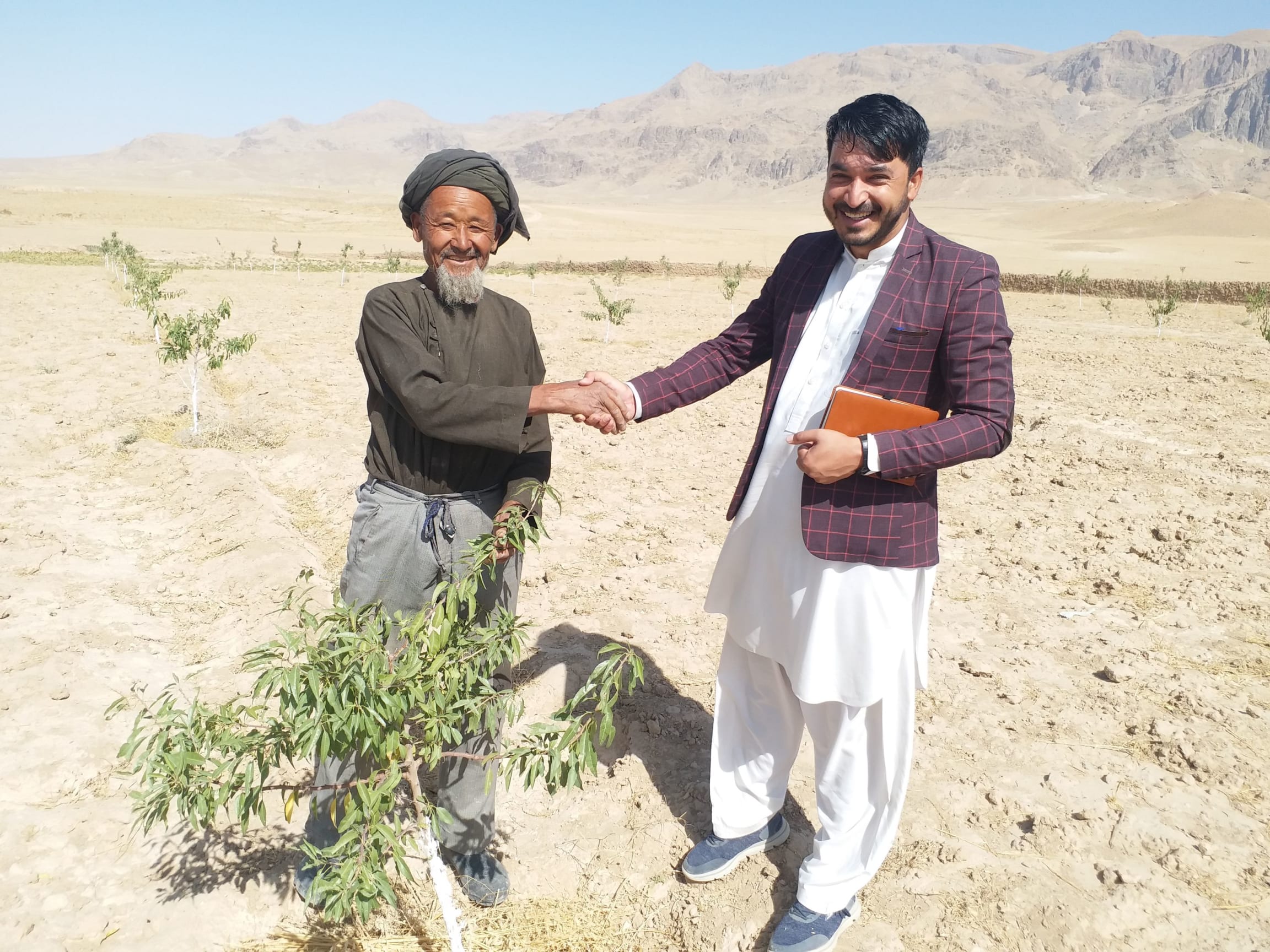 Image description: Stood on dusty sand-coloured earth in Samangan against the backdrop of rocky mountains and a sliver of faint blue sky above them are 2 men shaking hands. The one on the left is wearing a black turban and long-sleeved top and grey-b